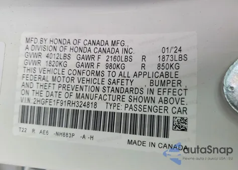 2024 Honda Civic Touring из США, поврежденный, VIN 2HGFE1F91RH324818